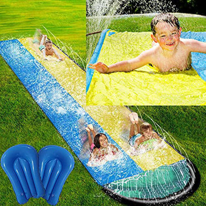 Picture of BSTHOK 18ft Water Slides Slip and Slide(Double,18ft ) for Kids Adults Lawn Backyard Outdoor Splash Sprint Racing Inflatable waterslides with Crash Pad (Blue)