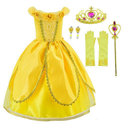Picture of Princess Costume for Girls Party Fancy Dress Up with Accessories 10-12 Years(Style3 150cm) Yellow