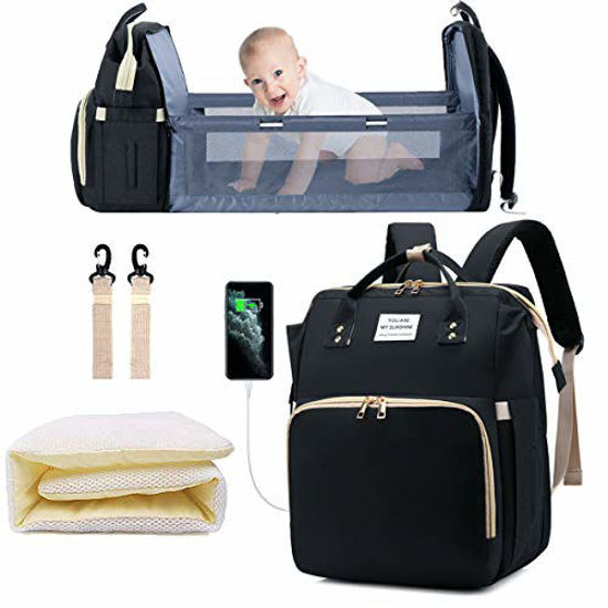 Baby Bucket 3 in 1 Diaper Bag Backpack Portable Baby Bed Changing Bags  Foldable Baby Crib with Changing Pad BLACK