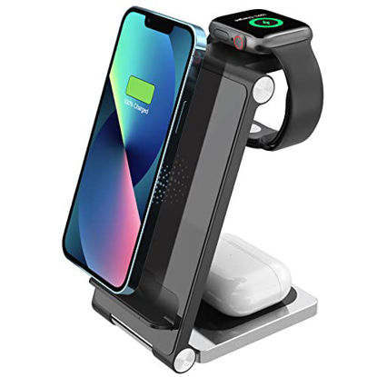 Picture of Metal Wireless Charging Station 3 in1 Qi Fast Charger Stand Dock Multi Devices Compatible with Apple iPhone Wireless Charging Station 13/12/11/8/Pro/Pro Max/XS/XR/X/SE/Watch Series/7/6/5/AirPods Pro