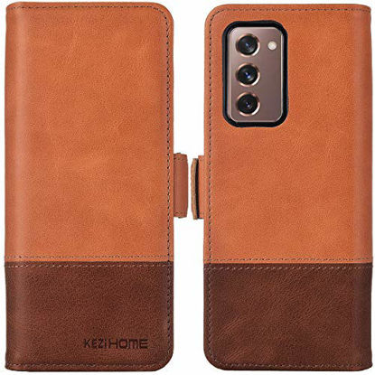 Picture of KEZiHOME Samsung Galaxy Z Fold 2 5G Case, Genuine Leather Galaxy Z Fold 2 Wallet Case [RFID Blocking] with Card Slot Flip Magnetic Case Compatible with Samsung Galaxy Z Fold 2 5G (Khaki/Brown)