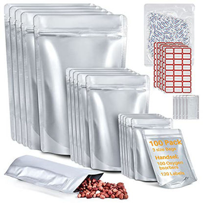 Picture of 100Pack Mylar Bags for Food Storage and Oxygen Absorbers 300cc - 1 Gallon 5 Mil Heavy Duty Mylar Bags 14"x10"(30), 9"x6"(35), 6"x4"(35) - Resealable Smell Proof Bags for Grains, Long Term Food Storage