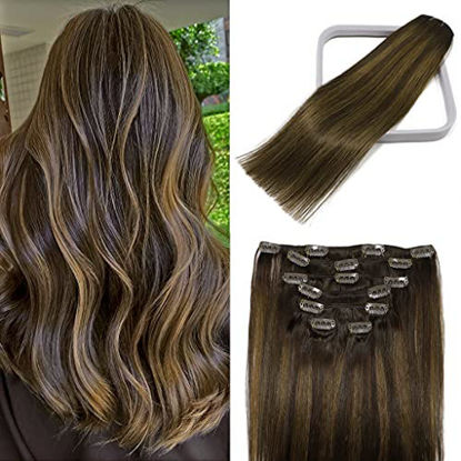 Picture of Clip in Hair Extensions Human Hair Balayage Dark Brown to Chestnut Brown Highlights for Brown Hair 15Inch 70g #2T6P2 Remy Thick and Straight Full Head 7PCS Gift for Women