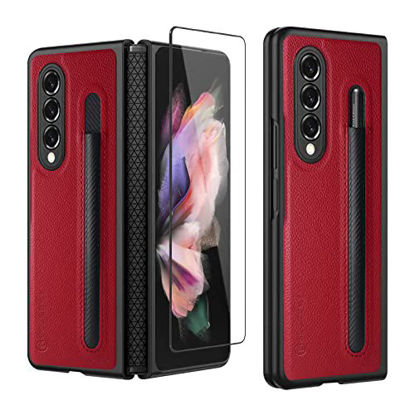 Picture of Golbsky Samsung Galaxy Z Fold 3 Case with Pen Holder,Hinge Protection Design,with Front Screen Protector,Luxury Business PU Leather Cover Case for Galaxy Z Fold 3 5G (2021)-Red