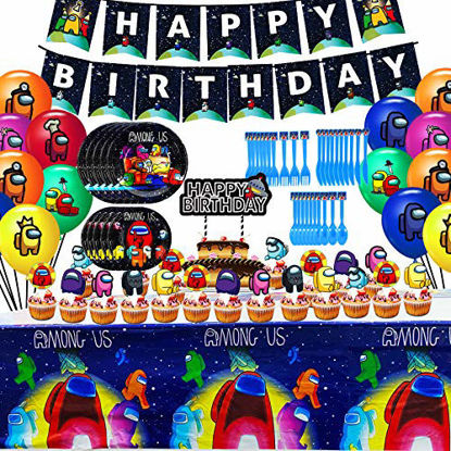 Picture of Among Us Party Supplies Favor, Birthday Decorations Include Banner, Tablecover, Plates, Forks, Spoons, Knives, Cake Topper, Cupcake Toppers and Latex Balloons Tableware for Kids Among Us Birthday Party Supply Favor