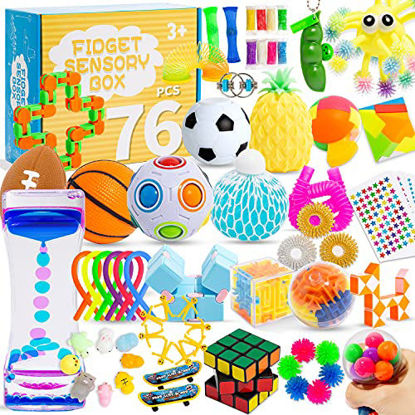 Picture of 76 Pack Sensory Fidget Toys Set, Stress Relief and Anti-Anxiety Bundle Sensory Toys for Kids Adults, Cool Fidget Packs with Mochi Squishy, Magic Rainbow Ball, Motion Timer, Flippy Chain,Stress Ball...