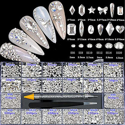Picture of 4880Pcs Rhinestones for Nail, White Crystal Nail Rhinestones Set, Nail Round Beads Flatback Glass Gems Stones, Multi Shapes Nail Rhinestones for Nail DIY Crafts Clothes Shoes Jewelry