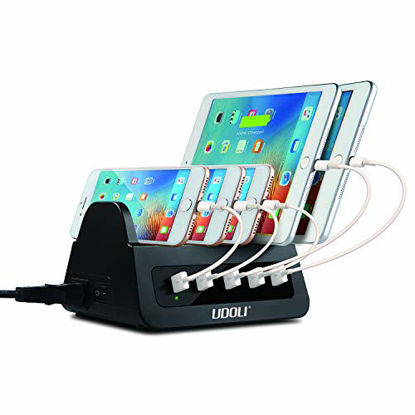 Picture of UDOLI 5 USB Ports Charging Station Organizer for Multiple Devices Fast Charging Desktop Stand for Apple Android Phone Tablet 1600W 2 AC Power Outlets Charger Dock for Home Office 3 Prong Cord Black