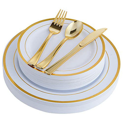 Picture of 125PCS Gold Plastic Plates Include 25 Plastic Dinner Plates 25 Disposable Dessert Plates&Gold Disposable Silverware ,Plastic Dinnerware Set Providing for 25 Guests Suitable for Party,Wedding Halloween