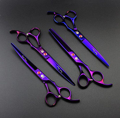 Picture of Purple Dragon Professional 7.0 inch 4PCS Pet Grooming Scissors Kit Japan Premium Steel Straight & Curved & Thinning Blade Dog Hair Cutting Shears Set with Case
