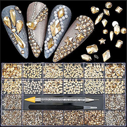 Picture of 4880Pcs Champagne Rhinestones for Nails, Gold Crystal Nail Rhinestones Round Beads Flatback Glass Gems Stones, Multi Shapes Rhinestones 3D Charms for Nail Art DIY Crafts Clothes Shoes Jewelry