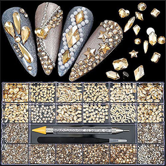  EBANKU 3120Pcs Champagne Gold Crystal Nail Rhinestones Round  Beads Multi Shapes Sizes Flatback Glass Gems Stones for Nail DIY Crafts  Clothes Shoes Jewelry with Tweezers and Drill Pen : Beauty 