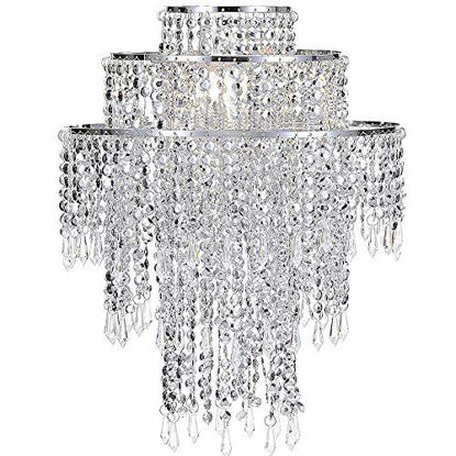 Picture of Waneway Acrylic Chandelier Shade, Ceiling Light Shade Beaded Pendant Lampshade with Crystal Beads and Chrome Frame for Bedroom, Wedding or Party Decoration, Diameter 12.6 inches, 3 Tiers, Silver