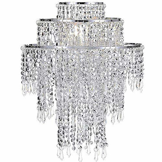 Picture of Waneway Acrylic Chandelier Shade, Ceiling Light Shade Beaded Pendant Lampshade with Crystal Beads and Chrome Frame for Bedroom, Wedding or Party Decoration, Diameter 12.6 inches, 3 Tiers, Silver