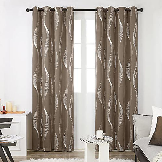 Picture of Deconovo Khaki Blackout Curtains, Room Darkening Foil Print Wave Stripe Thermal Insulated Grommet Window Curtains for Living Room, 2 Panels, 52x84 Inch
