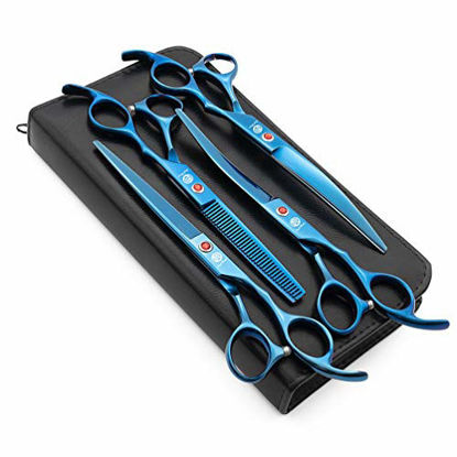 Picture of Purple Dragon Professional 7.0 inch 4PCS Pet Grooming Scissors Kit Japan Premium Steel Straight & Curved & Thinning Blade Dog Hair Cutting Shears Set with Case
