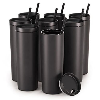 Picture of Maars Skinny Acrylic Tumbler with Lid and Straw | 18oz Premium Insulated Double Wall Plastic Reusable Cups - Matte Black, 8 Pack