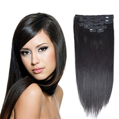 Picture of 18"Clip in Remy Human Hair Extensions Double Weft Thick to Ends Off Black(#1B) 6Pieces 70Grams/2.45oz