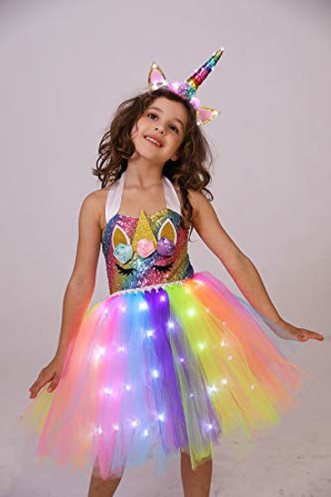 Picture of Viyorshop Girl Unicorn Costume Unicorn Tutu Dress Up Birthday Gifts LED Light Unicorn Dress for Halloween Party Costumes (Rainbow Sequins, 7-8 Years)