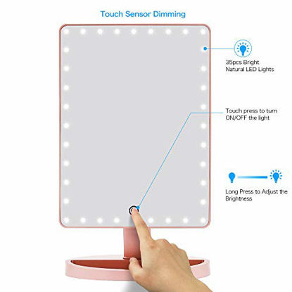 Picture of Large Lighted Vanity Makeup Mirror (X-Large Model), Funtouch Light Up Mirror with 35 LED Lights, Touch Screen and 10X Magnification Mirror, 360° Rotation Tabletop Cosmetic Mirror(Rose Gold)