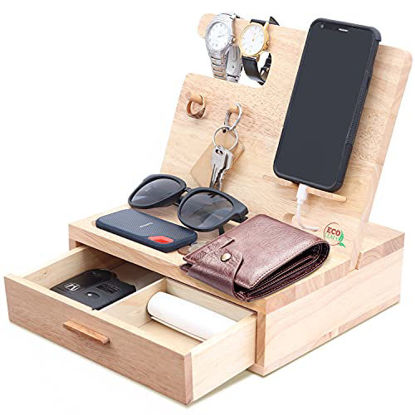 Picture of Nightstand Organizer- Wood Phone Docking Station for Men Women- Solid Wood Valet Tray with Drawers, Wooden Docking Station for Keys, Cell Phone, Watch, Rings, Wallet, Gadget, Jewelry by EcoLeafy Dot