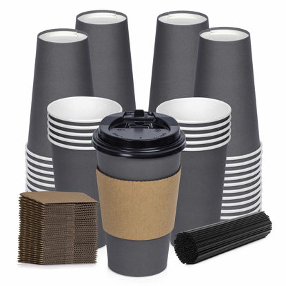 Picture of Savourio Coffee Cups with Lids - 16 Oz Disposable Coffee Cups 100 Pack Paper Cups with Stirring Straws, Lids, Sleeves, Hot Coffee Container - Grey Tall Tea Cup to Go - Leakproof Paper Sleeves Cups