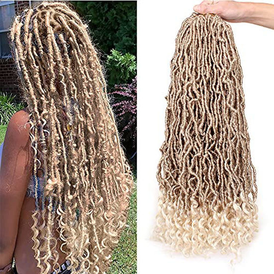 Picture of Leeven 24 Inch Goddess New Faux Locs Crochet Hair Ombre Blonde 6 Packs Long Soft Locs Crochet Braids Hair With Curly Ends Synthetic Bohemian Locs Braiding Hair for Women 21 Strands/Pack