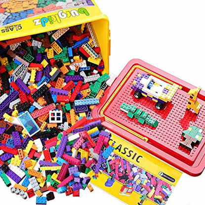 Picture of Building Bricks 1020 Pieces Set, 1000 Basic Building Blocks in 17 Fun Shapes Includes Wheels, Door, Window, Bulk Block with Storage Box, Handle and Base Plate, Compatible Block Construction Toys
