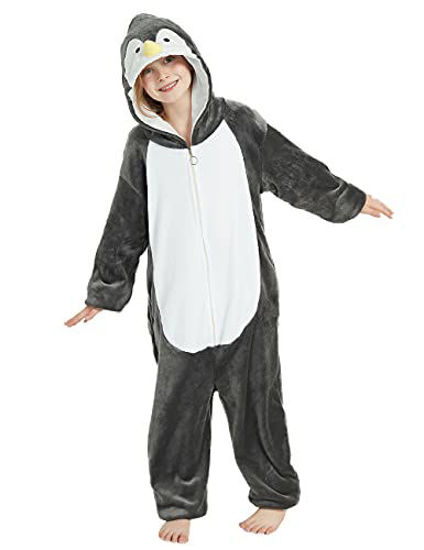 Picture of ABENCA Penguin Onesie Kids Animal Costume Girls Pajamas One Piece Plush Sleepwear Cosplay Halloween Christmas.Grey.140