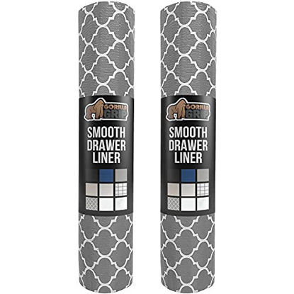 Picture of Gorilla Grip Smooth Surfaced Top Slip Resistant Drawer and Shelf Liner, Non Adhesive Water Resistant Roll, 2 Pack, Plastic Liners for Kitchen Cabinet Shelves,, 12 Inch x 20 FT, Quatrefoil White Gray
