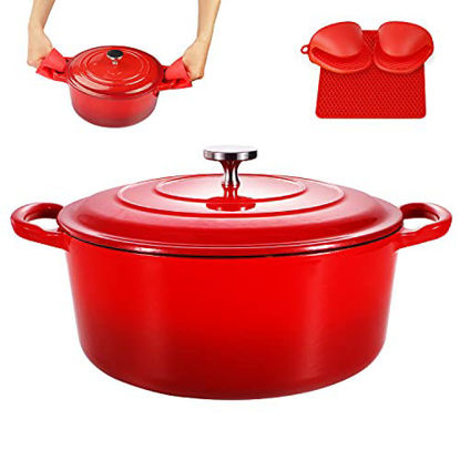 Picture of 3QT Enamel Cast Iron Dutch Oven with Loop Handles, Covered Dutch Oven, Enamel Stockpot with Lid, Red