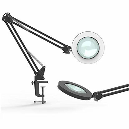 Picture of YOUKOYI LED Magnifying Lamp Metal Swing Arm Magnifier Lamp - Stepless Dimming, 3 Color Modes, 5X Magnification, 4.1" Diameter Glass Lens, Adjustable Industrial Clamp for Reading/Office/Work (Black)