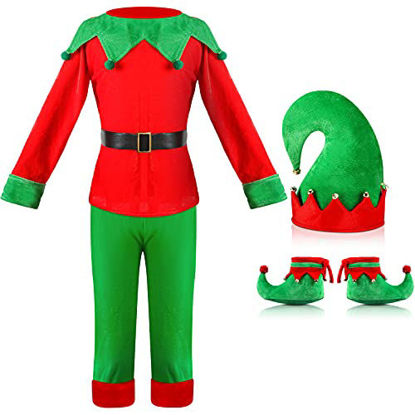 Picture of Kids Christmas Elf Costume Set Boys Elf Dress Up Xmas Suit Festive Outfit with Elf Hat Shoes Gold Buckle Belt (Medium)