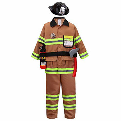 Picture of YOLSUN Tan Fireman Costume for Kids, Boys' and Girls' Firefighter Dress up (7 pcs) 8-9 Years