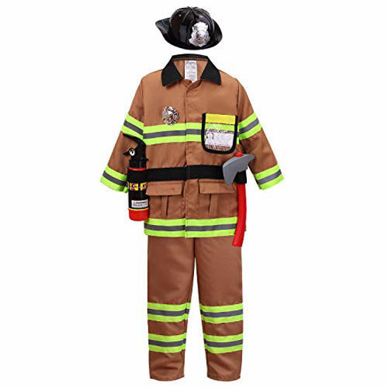 Picture of YOLSUN Tan Fireman Costume for Kids, Boys' and Girls' Firefighter Dress up (7 pcs) 8-9 Years