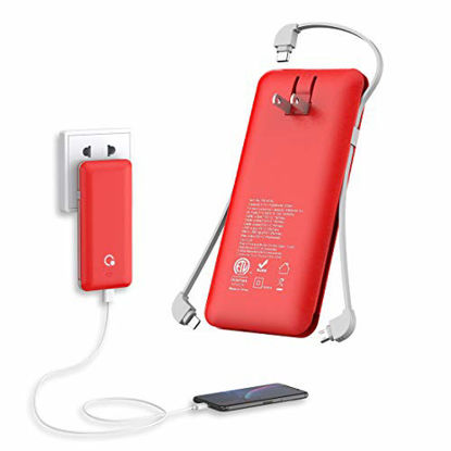 Picture of 10000mAh Portable Charger, Ultra Slim Power Bank,4 Output and Dual Input External Battery Pack with Built-in AC Wall Plug Micro USB Type C Three Cables with USB Output Compatible with All mobilephone
