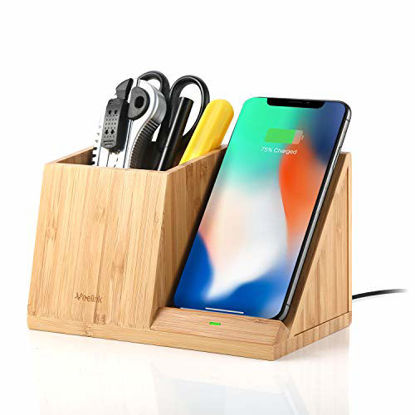 Picture of Veelink Bamboo Wireless Charger with Organizer Wood Wireless Charging Station iPhone SE 2020/11/Xs MAX/XR/XS/X/8/8, Samsung S20/S10/S9/S8/Note 10