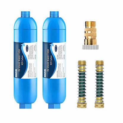 Picture of 2 Packs of RV Inline Water Filter With Flexible Hose Protector, Certified to NSF42/372, Greatly Reduces Chlorine, Taste, Odor and Sediment in Drinking Water, Dedicated for RVs and Marine