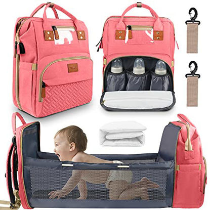 Picture of Baby Diaper Bag Backpack with Changing Station, Baby Bag with Foldable Bed, Portable Bassinets with USB Charging Port for Moms Dads, Large Capacity Multi-Function Waterproof Mommy Bag, Pink