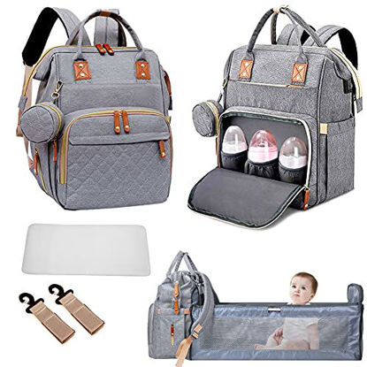 Picture of Axcone Baby Diaper Bag Backpack 3 in 1 Foldable Crib Unisex Travel Bed Nappy for Boys & Girls Grey