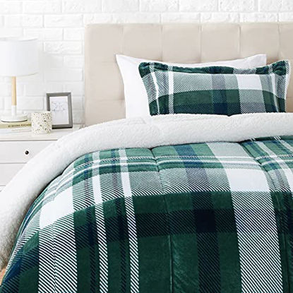 Picture of Amazon Basics Ultra-Soft Micromink Sherpa Comforter Bed Set - Green Plaid, Twin