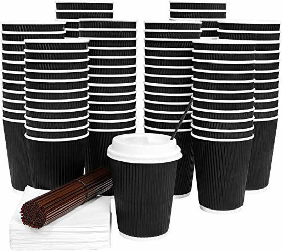 Picture of [100 Sets] Disposable Coffee Cups with Lids 12 Oz Hot Paper Coffee Cups with Lids Insulated Ripple Tea Cup Travel To Go with Stirring Straws and Napkins by Galashield [Black]