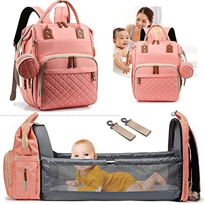 Picture of Axcone 3 in 1 Foldable Baby Diaper Bag Backpack Crib Unisex Travel Bed Nappy for Boys & Girls Waterproof Stroller Straps Large Capacity Pink