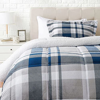 Picture of Amazon Basics Ultra-Soft Micromink Sherpa Comforter Bed Set - Navy Plaid, Twin