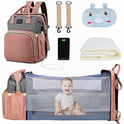 Picture of 8 in 1 Baby Diaper Bag with Foldable Bassinet, PaurFu Diaper Bag Backpack with Changing Station, Unique Mosquito Net Sunshade, Soft Baby Pillow and USB Charging Port etc (Pink & Grey)