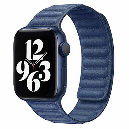 Picture of Ruiboo Leather Link Band Compatible with Apple Watch Band 38mm 40mm 42mm 44mm iWatch Series 6 5 SE 4 3 2 1 Strap, Latest Magnetic Stainless Steel Adjustable Wrist Replacement, 42/44mm S/M Baltic Blue
