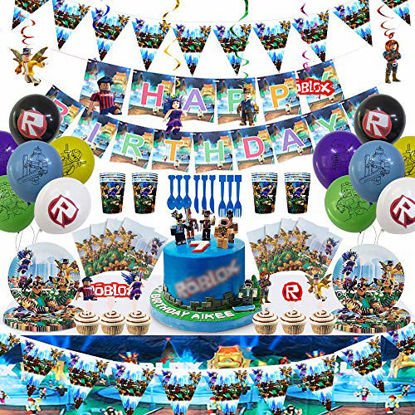 Picture of 186PCS Robloxes Party Supplies for Birthday, Robloxes Birthday Party Supplies Video Game Party Decorations Table Cover Plates Cups Napkins Utensils Birthday Banner & Balloons Serves 20 Guests