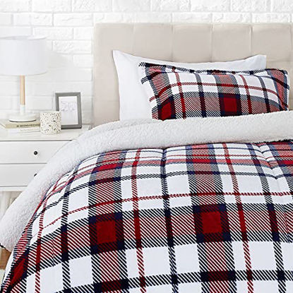 Picture of Amazon Basics Ultra-Soft Micromink Sherpa Comforter Bed Set - Red/Navy Plaid, Twin