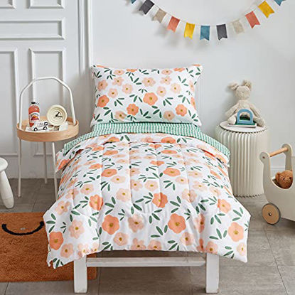 Picture of 4 Pieces White Toddler Bedding Set Orange Floral Style - Includes Adorable Quilted Comforter, Yellow Fitted Sheet, Top Sheet, and Pillow Case for Girls Bed