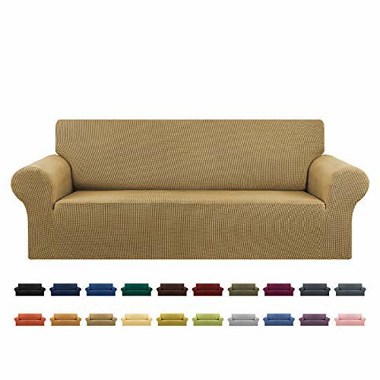 Picture of KEKUOU Stretch Sofa Cover Slipcover 1 Piece Couch Sofa Cover (79"-94") Furniture Protector 3 Seater Sofa with Elastic Bottom for Kids,Pet.Jacquard Small Checked Pattern Fabric(Large,Tan)